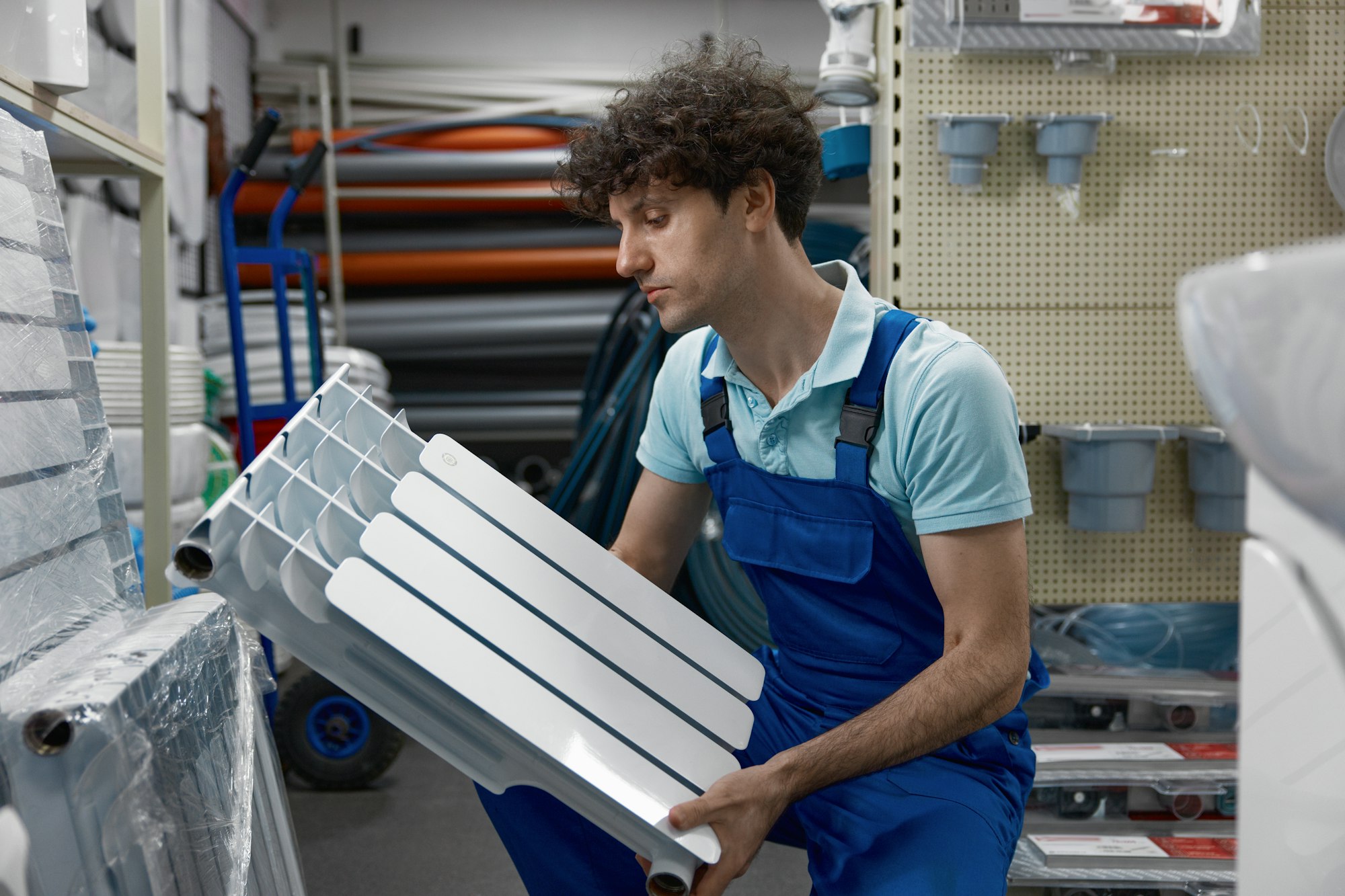 Portrait of plumber holding section of radiator