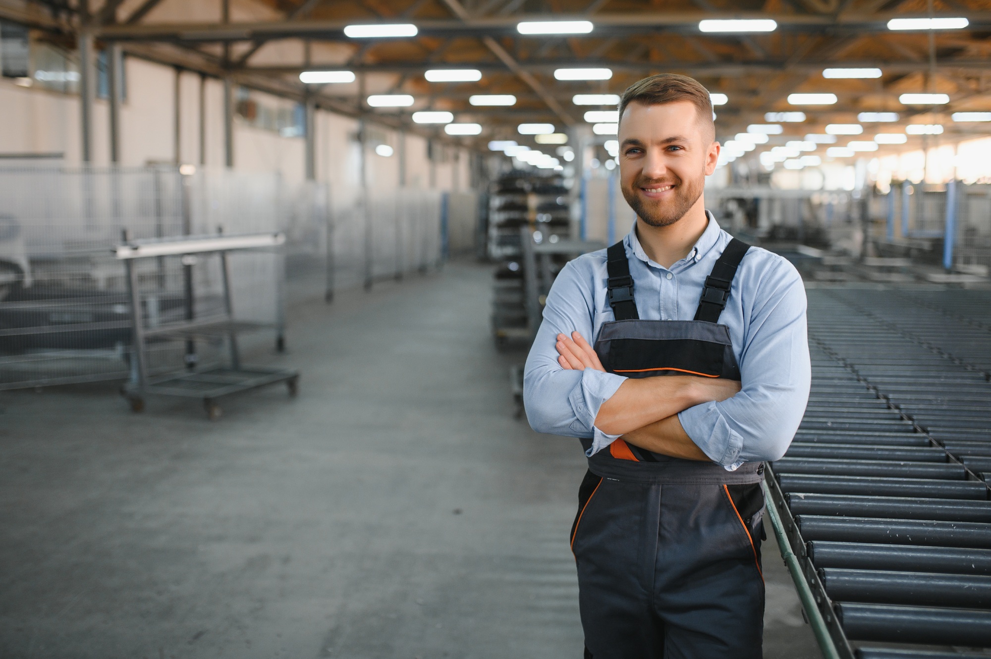 Portrait of factory worker. Young handsome factory worker.